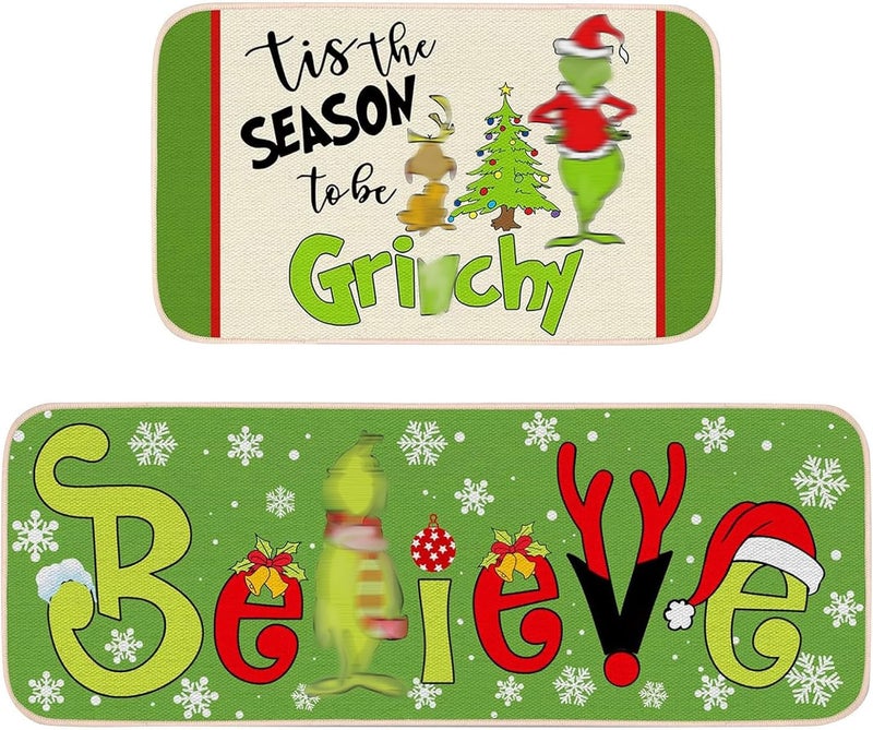 WDEHPBZ Christmas Kitchen Rugs Set 2-Piece, Kitchen Rugs Non Slip Washable Rugs with Holiday Designs for Kitchen Door and Sink Area, 17x47 & 17x29 Inch (Green) - Image 1
